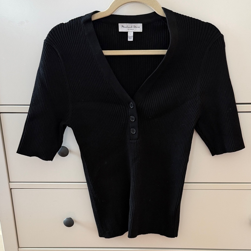 Michael Stars Black Jeanny Ribbed V-Neck Henley Top
